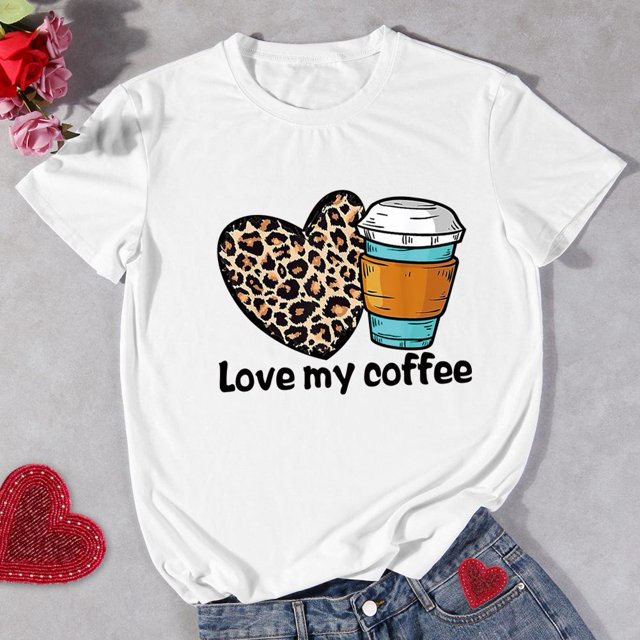 Día De San Valentín Amor Café Mujer Manga Corta Camiseta Verano Tops Camisetas S-3Xl Likrtyny Arte Deco