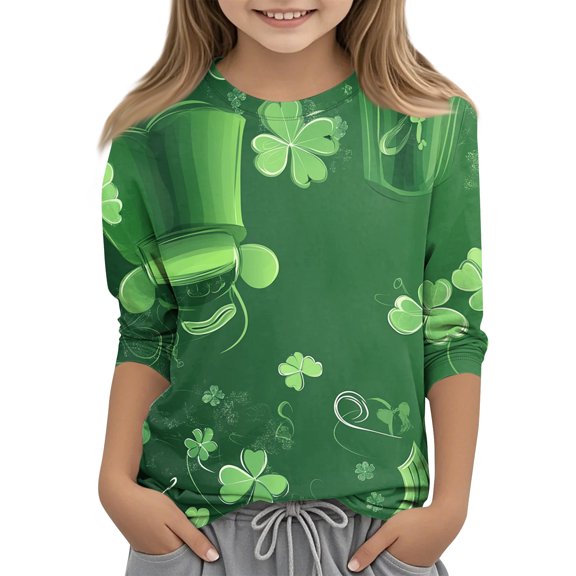 St Patricks Day Shirts Kids Girls Shamrock Irish 3/4 Sleeve Shirts Loose Fit Graphic Clover Tops St Patrick's Day Cute Summer Tshirts,Green 8-9 Years