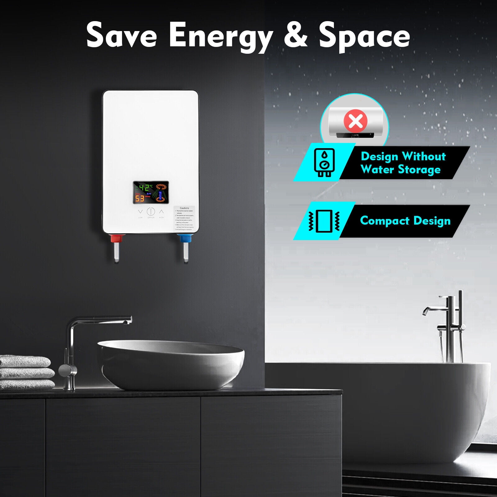 Instant Electric Tankless Hot Water Heater Bathroom Whole House Color Screen + Shower Three-Piece Set 4500W 110V White