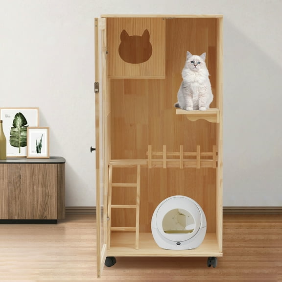 Large Wooden Cat House for Outdoor and Indoor Cats,Luxury Multi-Feature Cat Condo with Cat Scratching Posts Oversized Cat Villa on Wheels