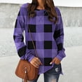 thumbnail image 4 of KZKR Women's Round Neck Pullover Long Sleeve Casual Loose Shirt Plaid Printed Curved Hem Slit Top, 4 of 4
