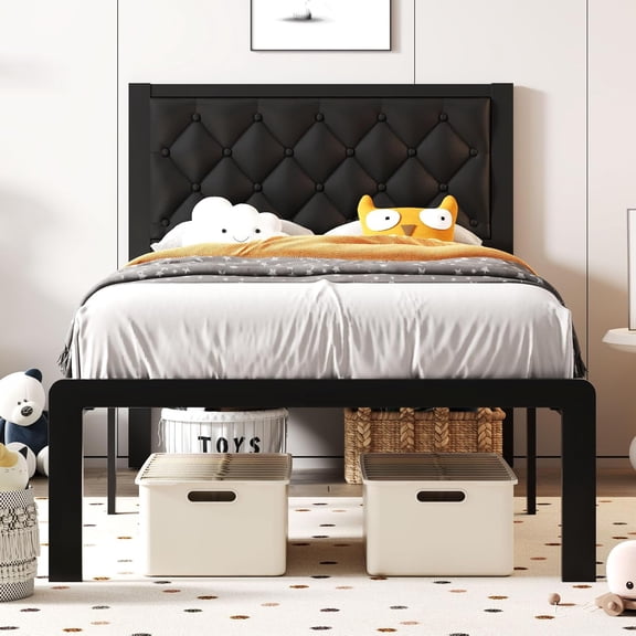 Twin Bed Frame with Headboard PU Leather Upholstered Bed Frame Platform,All Metal Slats Support Platform Bed Frame with Storage Space,Easy Assembly,Noise Free,No Box Spring Needed,Black