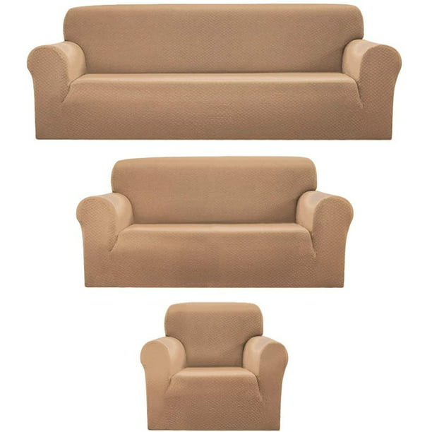 Sapphire Home 3pc Slipcover Set For Sofa Loveseat Couch Form Fit Stretch Wrinkle Free Furniture Protector Cover Premium Fabric Polyester Spandex Diamond Gold Com - Loveseat And Couch Cover Set