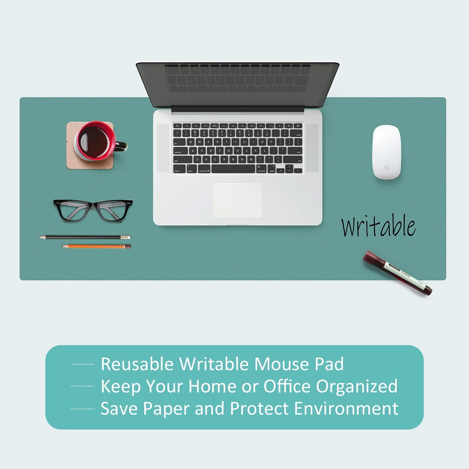 MAKUANG PVC Material Writable and Erasable Desk Mat, 27.5" x 13.8" Waterproof Large Desktop Mouse Pad, Lake Green