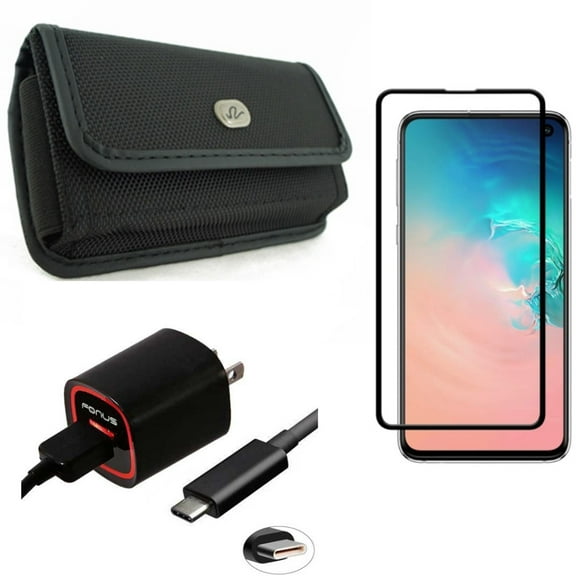 Galaxy S10e Home Charger w Case Belt Clip w Screen Protector - 2.4A USB Cable TYPE-C, Rugged Holster Canvas, Tempered Glass 5D Curved Edge for Samsung Galaxy S10e Phone