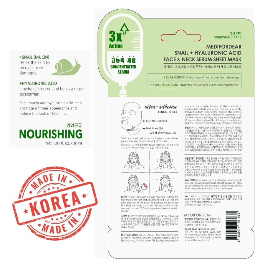 10pc Set MEDI FOR DEAR Snail and Hyaluronic Acid Face and Neck Mask | Korean Beauty Sheet Mask | Hydrating & Repairing
