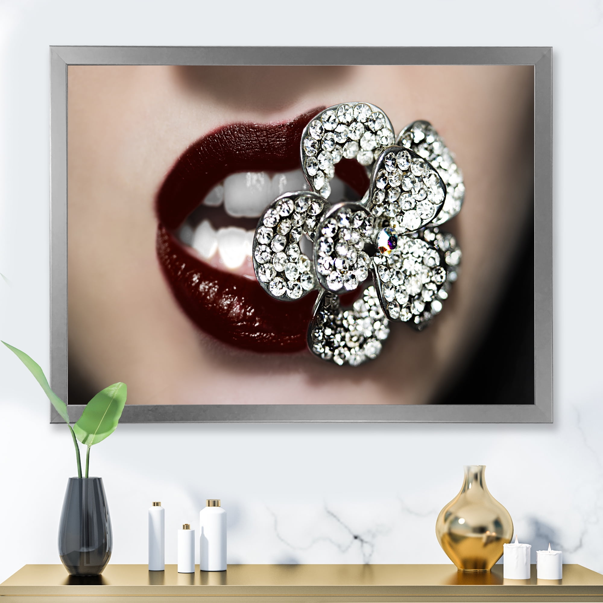 Designart 'Detail Of Sexy Red Girl Lips' Modern Framed Art Print