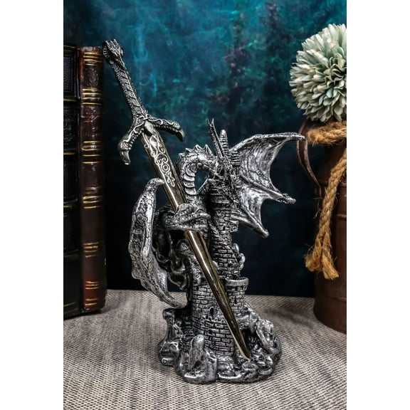 Ebros Legendary Silver Dragon Protecting Castle Tower Letter Opener Figurine
