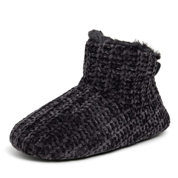 Dearfoams Women's Chenille Bootie Slipper, Black, Large