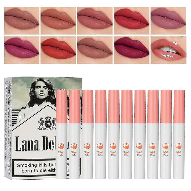 10 Colors Lip Tint Stain Set, Lana Matte Lipstick Cigarettes, Tube Cigarette Lipstick, Lip Stain Long Lasting 24 Hours Waterproof Labiales Mate