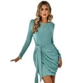 thumbnail image 3 of SAYOO Women's Tie Waist Sweater Dress, Long Sleeve Round Neck Solid Color Ruched Knit Dress, 3 of 9