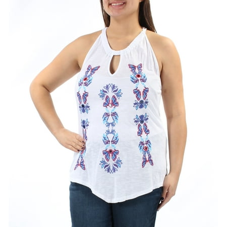 Rhinestone Keyhole - INC Womens Blue Embroidered Rhinestone Floral Sleeveless Keyhole Top Size: XL