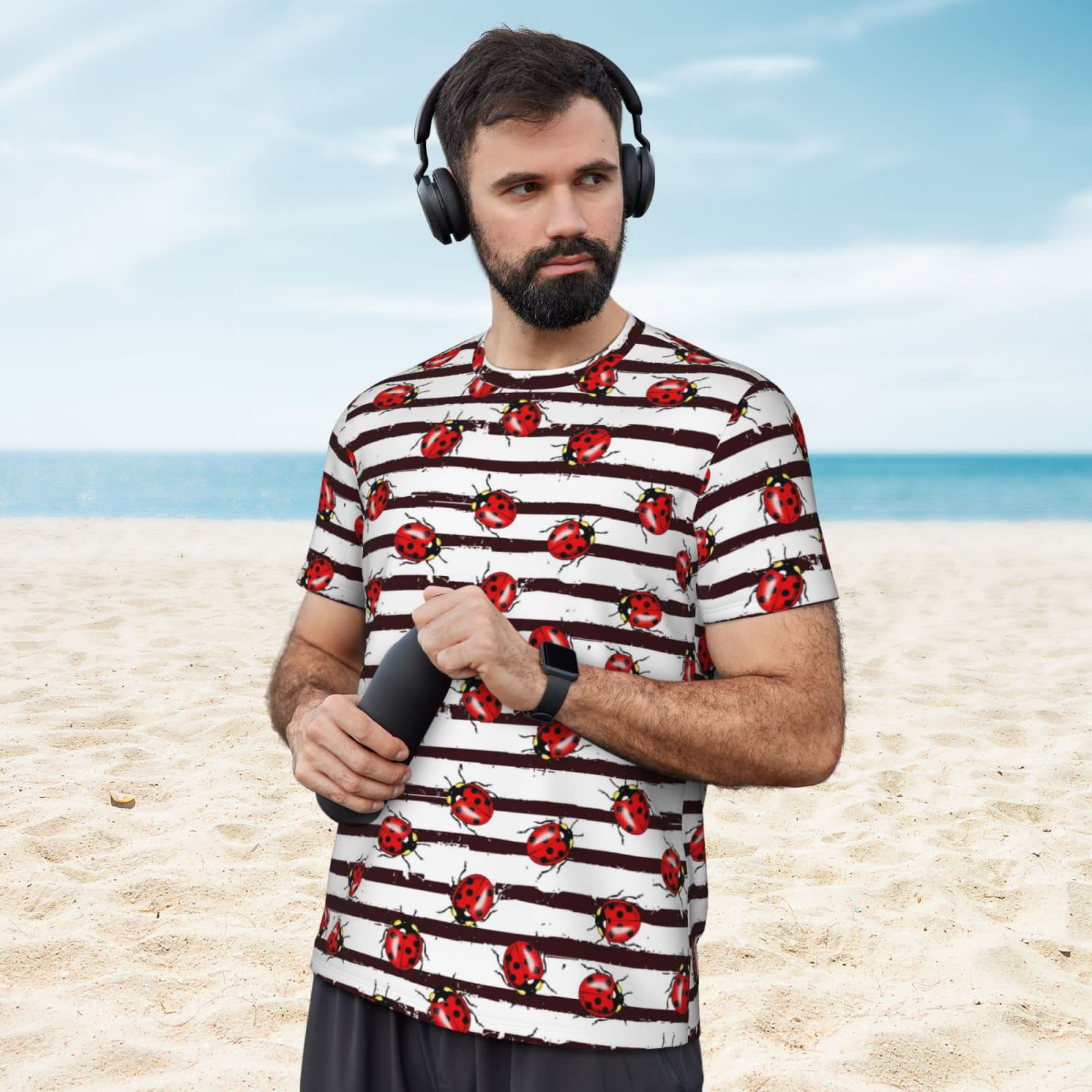 thumbnail image 4 of Wukai Ladybugs on Black and White Striped1 Print Men's Short-Sleeved Mesh T-Shirt,Quick-Dry Short Sleeve Workout T-Shirt-3X-Large, 4 of 8