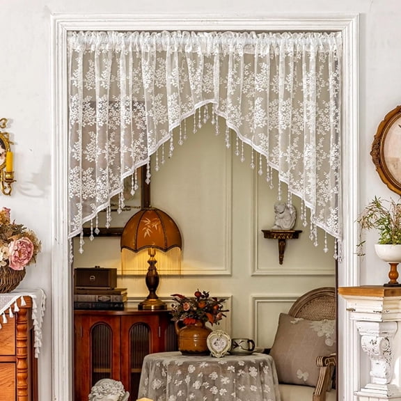 White Lace Kitchen Curtain Swag Floral Sheer Curtain Valance,Door Panel Rod Pocket Voile Window Treatment Tier for Bathroom Dining Room 1 Panel