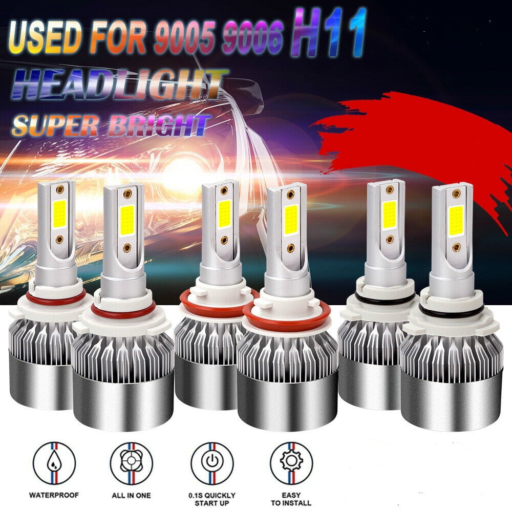 6x 9005 9006 H11 Combo COB LED Headlight Fog Kits Bulb 6000K White High Low Beam