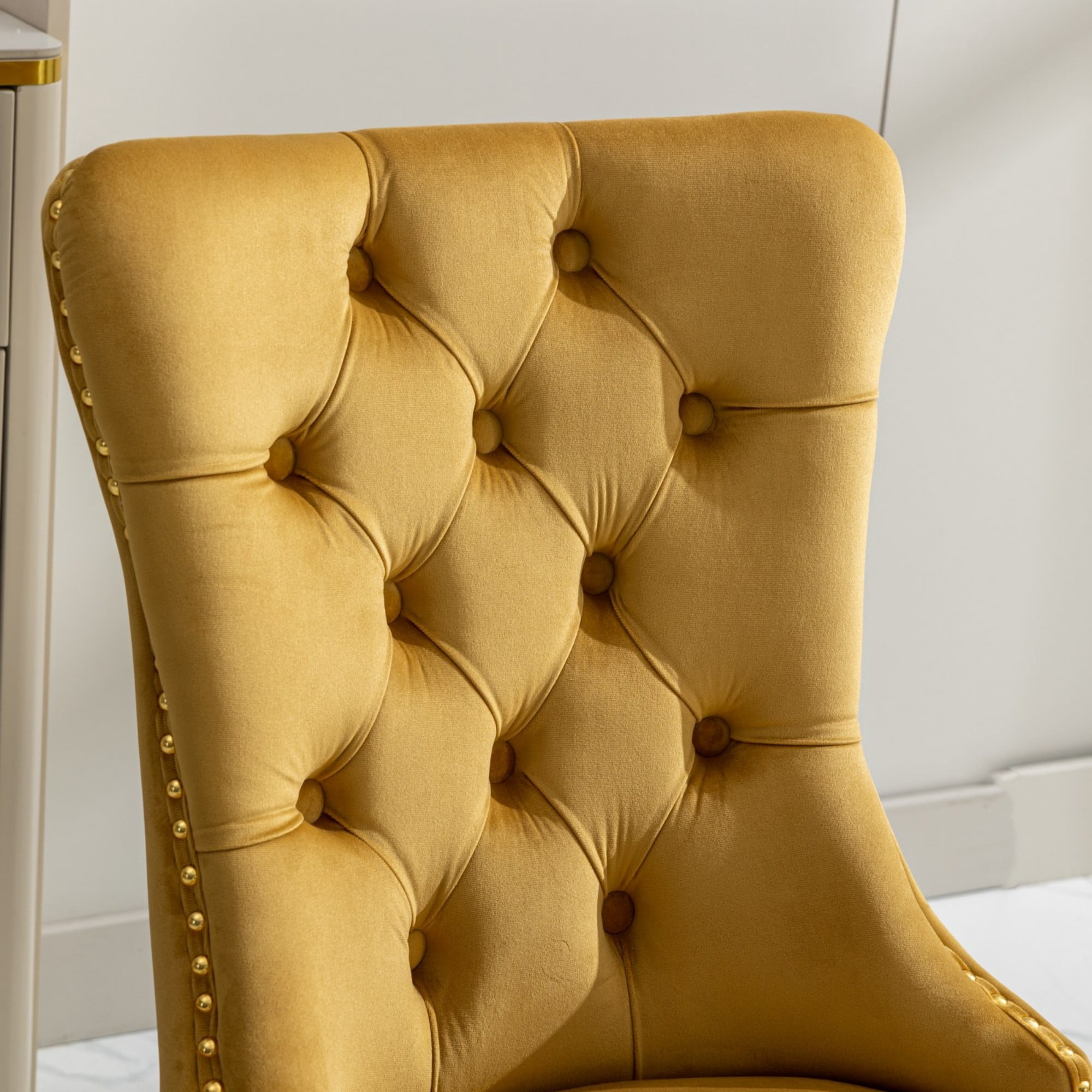 BSHTI 37.5" Velvet Upholstered Dining Room Chairs Set of 2, Modern Tufted Parson Chairs with Nailhead Trim, Foam Padded Seat for Dining Room/Kitchen(Gold)