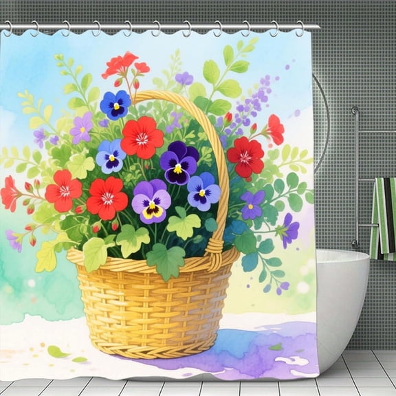 Geranium Basket Print Shower Curtain,Modern Fabric Waterproof Shower Curtain Set with Hooks 70.8×70.8Inch (180×180cm)