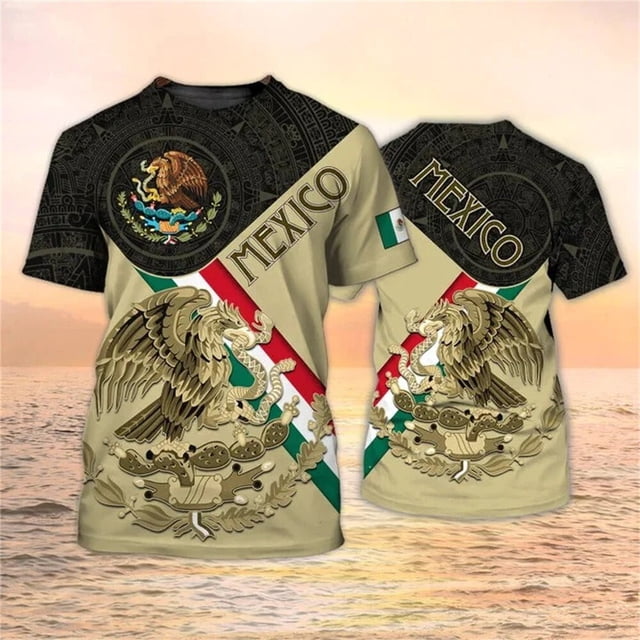 camiseta con estampado de bandera nacional de méxico para hombre, camiseta de manga corta con patrón de águila 3d, camiseta de gran tamaño, ropa de calle de ocio con cuello redondo Oversized short-sleeve tee with full-body 3D Mexican eagle and national emblem print, beige lower panel and black upper yoke, diagonal red and green sash, prominent gold eagle motif and circular emblem at chest, round O-neck, polyester-spandex broadcloth texture; suitable for streetwear and festival casual use.