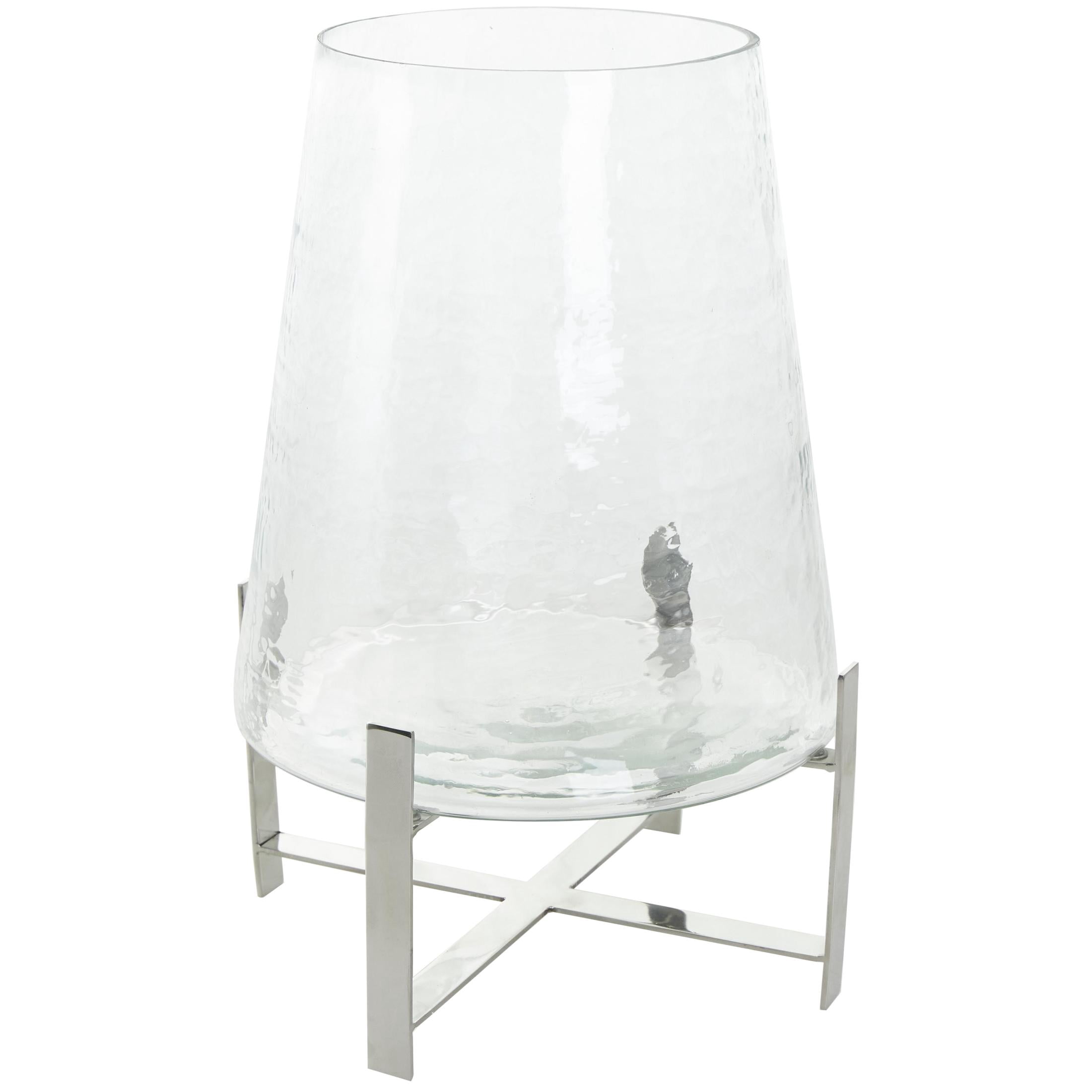 DecMode Stainless Steel Metal Hurricane Lamp with Stainless Steel X Shaped Base
