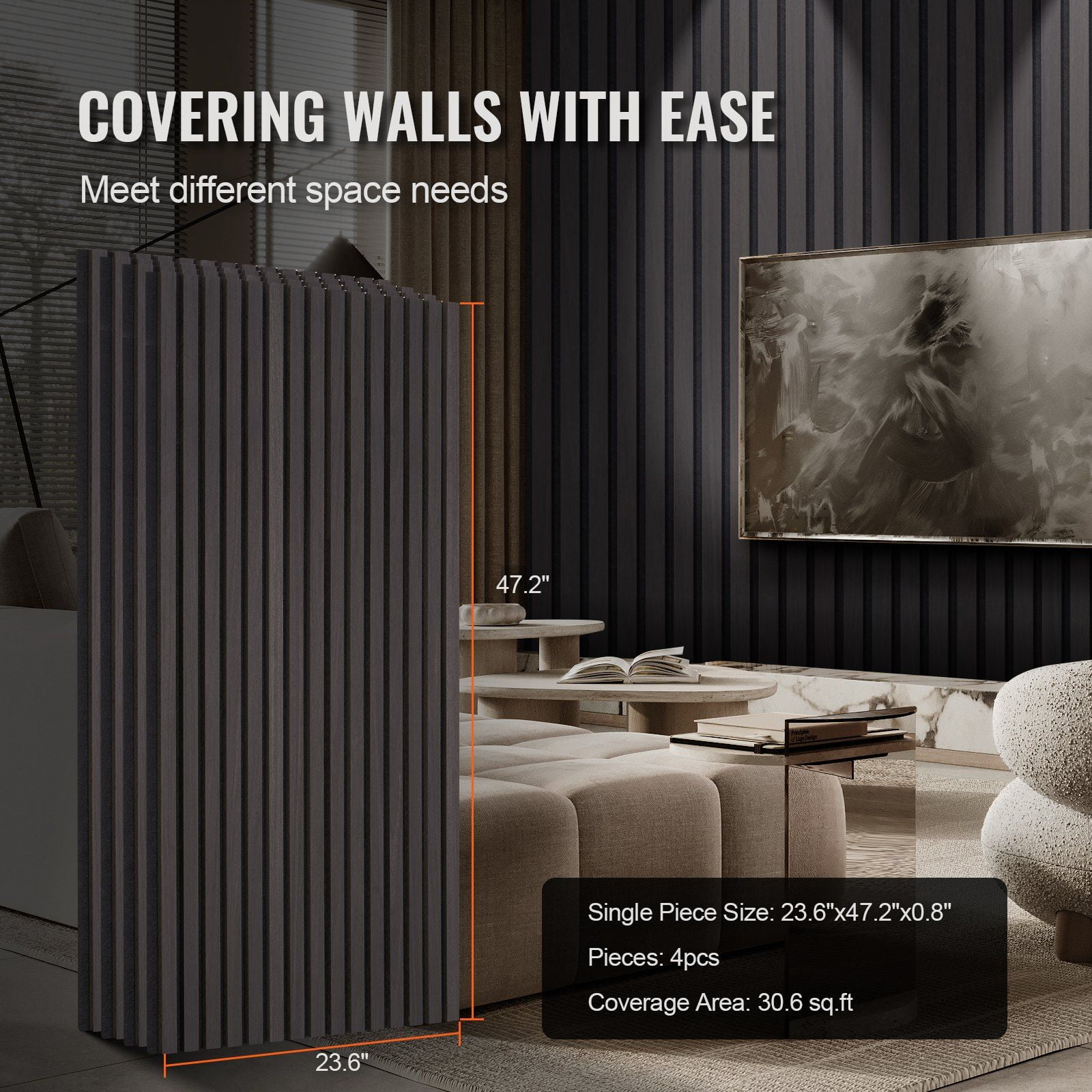 Soundproof Wood Slat Panel 23.6"x47.2" - Black Oak Modern Wall Design