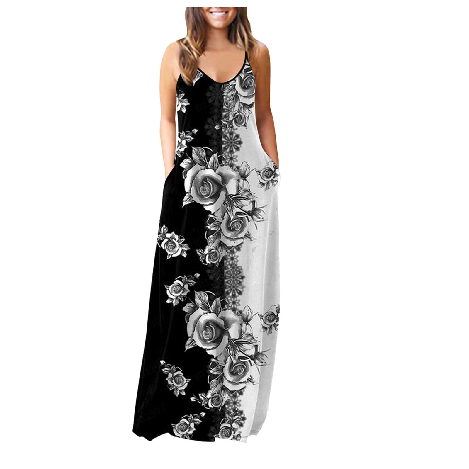 Outfmvch black dresses for women O-neck Flower Print Sleeveless Plus ...