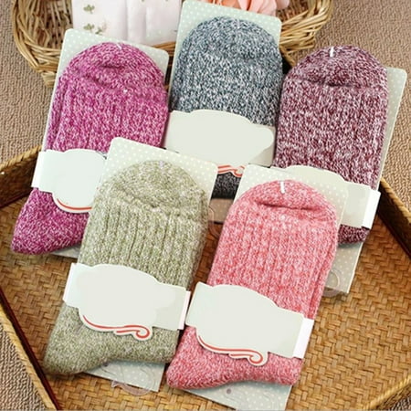 

Farfi 5 Pair Socks Solid Color Thick Woolen Yarn Women Sports Socks for Winter
