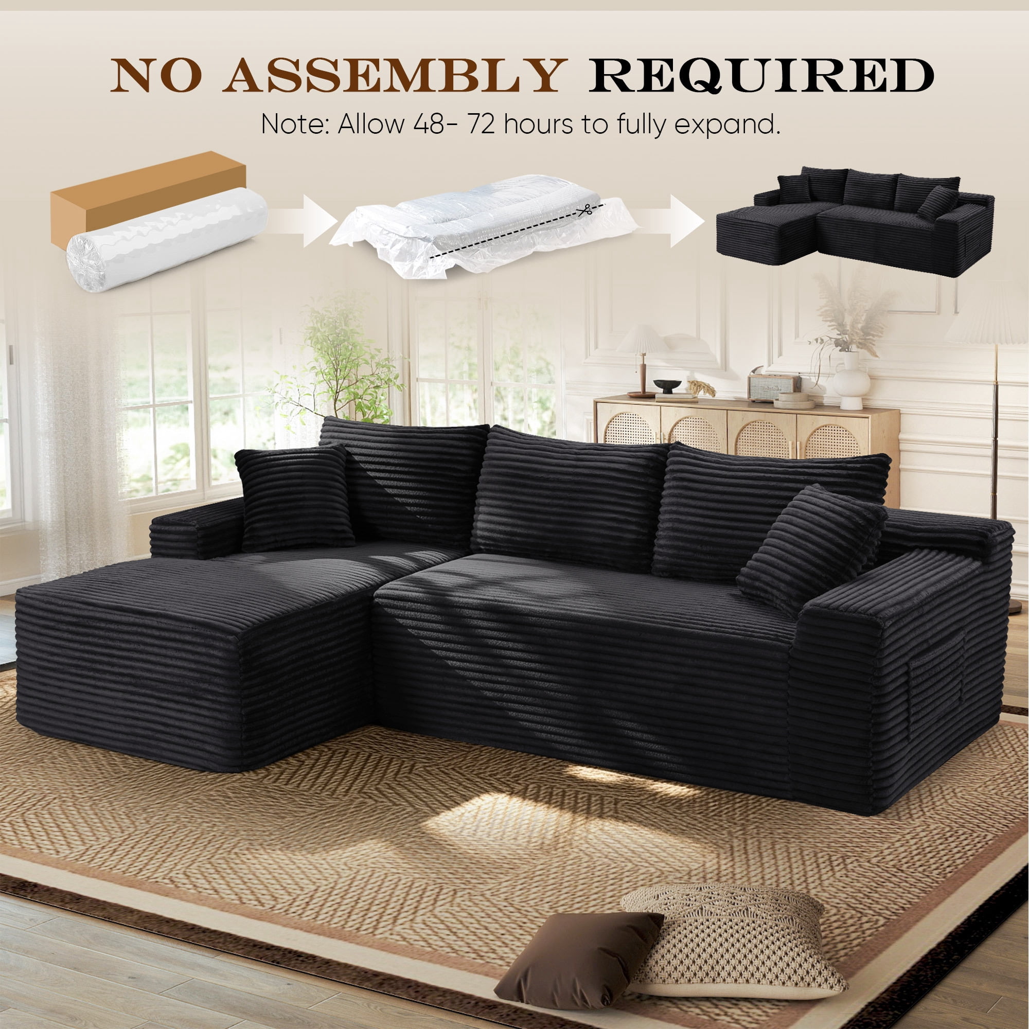 Lunale Small Modular Sectional Sofa with Movable Chaise, L-Shaped Boneless Cloud Couch for Living Room, Black (Left Facing Chaise)