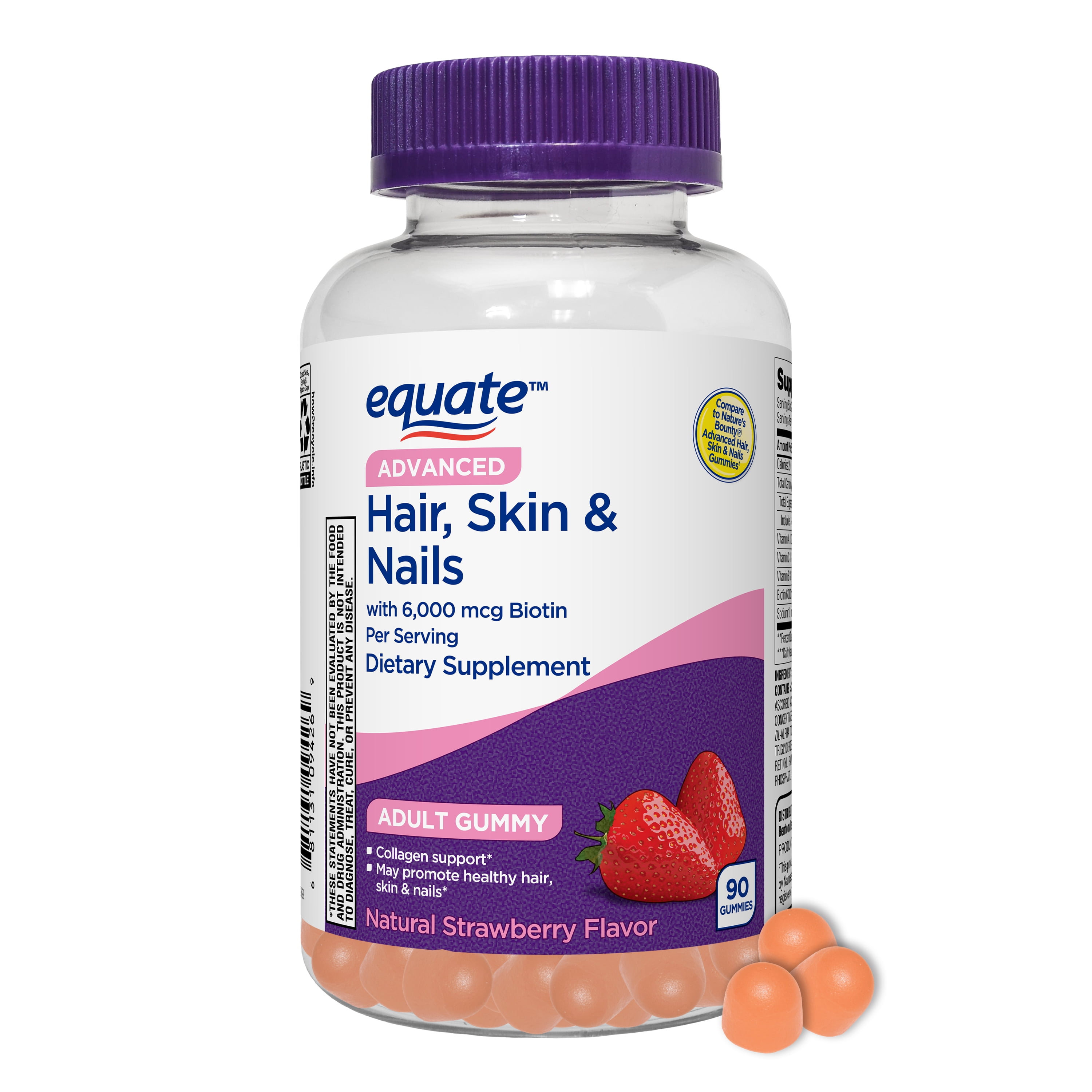 Equate Advanced Hair, Skin & Nails Gummies Dietary Supplement, 90 Count