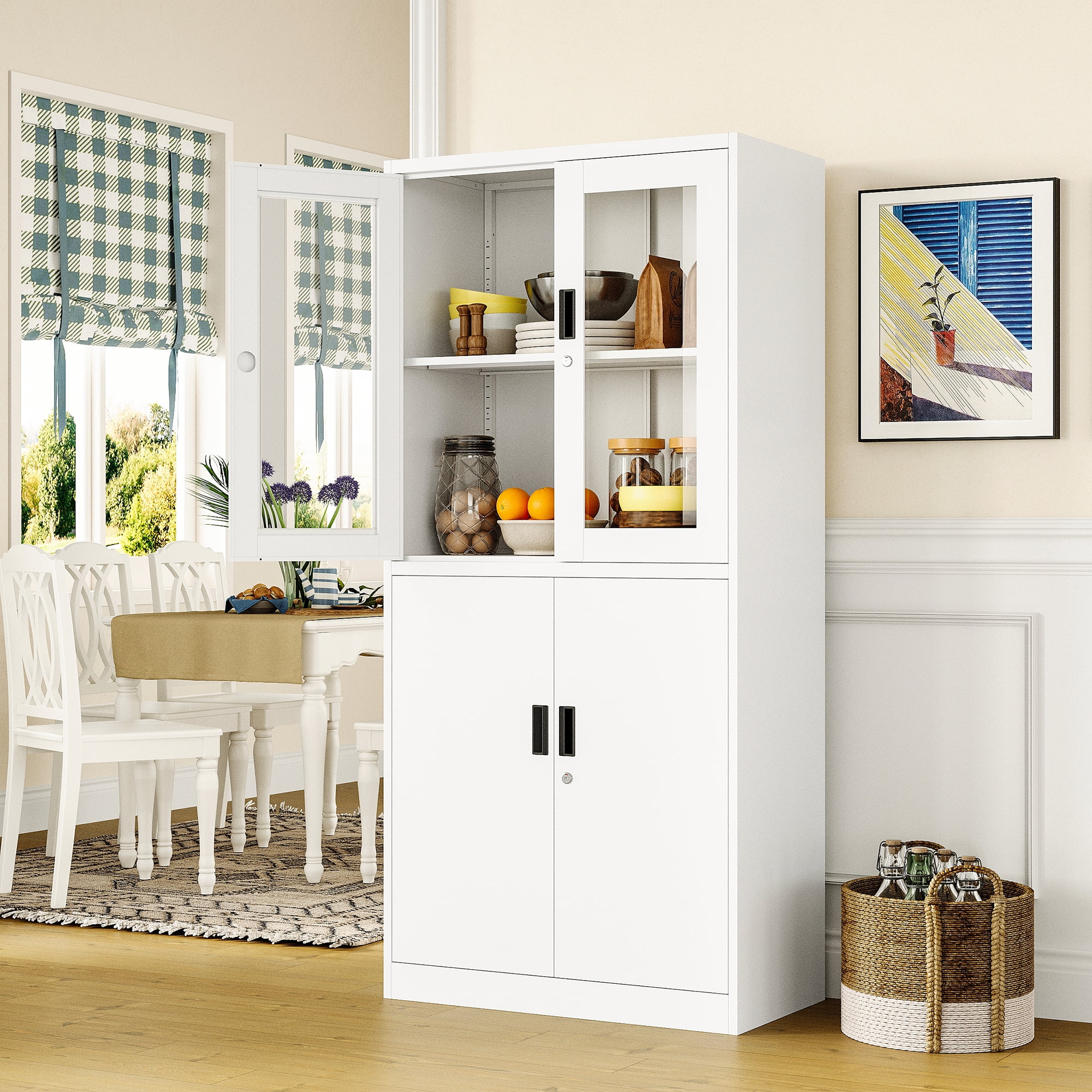 STANI Heavy Duty Metal Cabinet with Lock, Tall Office Storage Cabinet with Glass Door, Lockable White Steel Cabinet with 2 Adjustable Shelves for Home, Clinic, Pantry, Basement