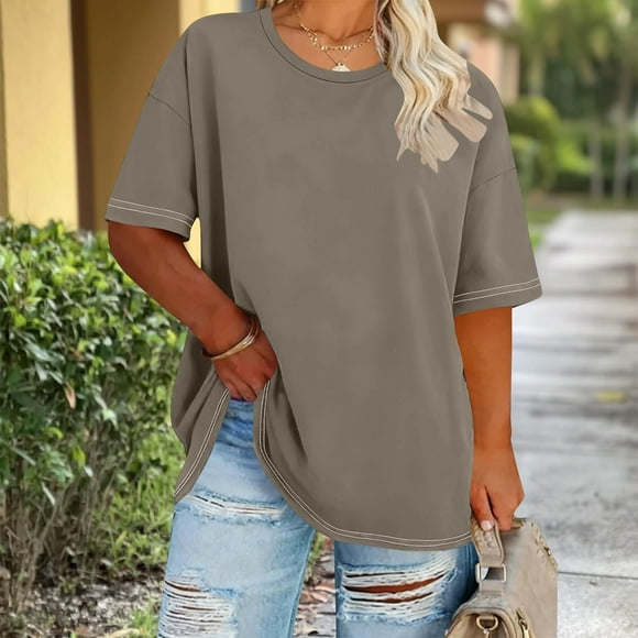 Tejiojio Women's Plus Size Round Neck Short Sleeve Solid Color T-Shirt for Spring Summer XL-5XL