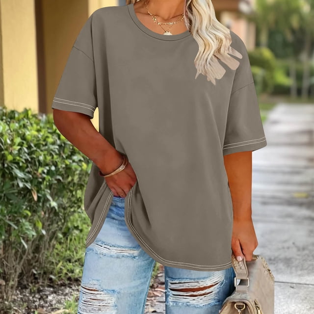 Ounisa Hauts pour Femmes Grande Taille Été Manches Courtes Côtelées Col Rond T-Shirts Basiques Mode