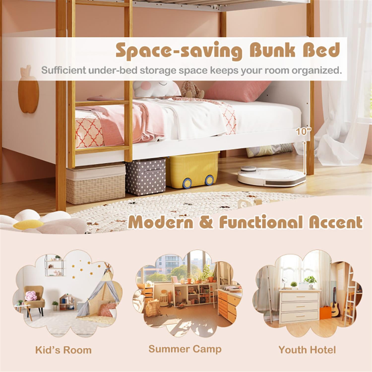 Demi Bonn Twin Over Twin Bunk Bed with Integrated Ladder and Safety Guardrails, Twin Bunk Beds, Space-saving Solid Wood Bed Frame, White