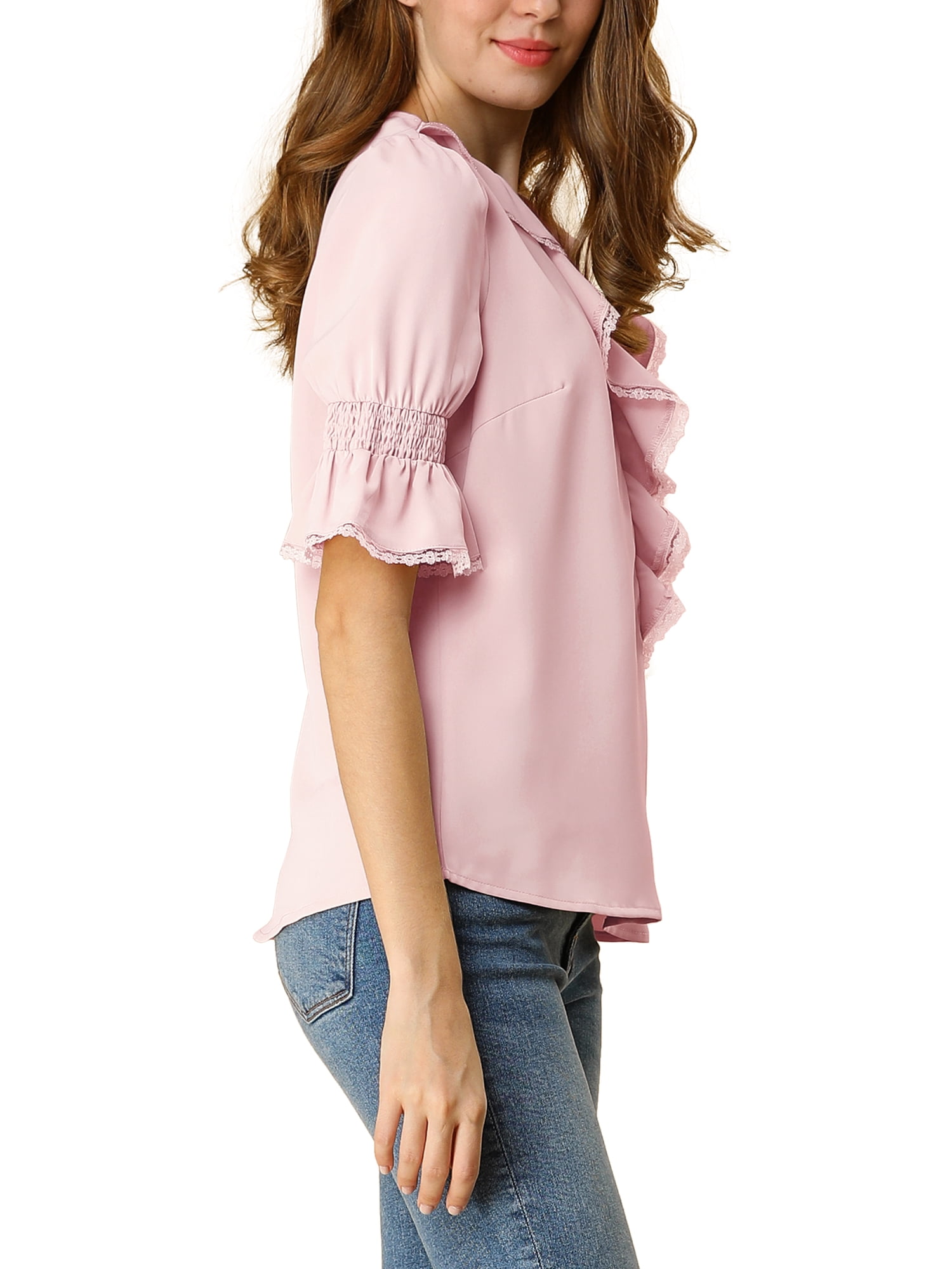Unique Bargains Women's Ruffle V Neck Half Bell Sleeve Casual Chiffon Top S Pink