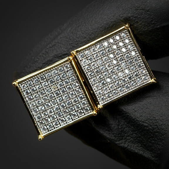 Men's Large Two Tone Yellow Gold Plated 925 Sterling Silver Square Cz Hip Hop Screw Back Stud Earring