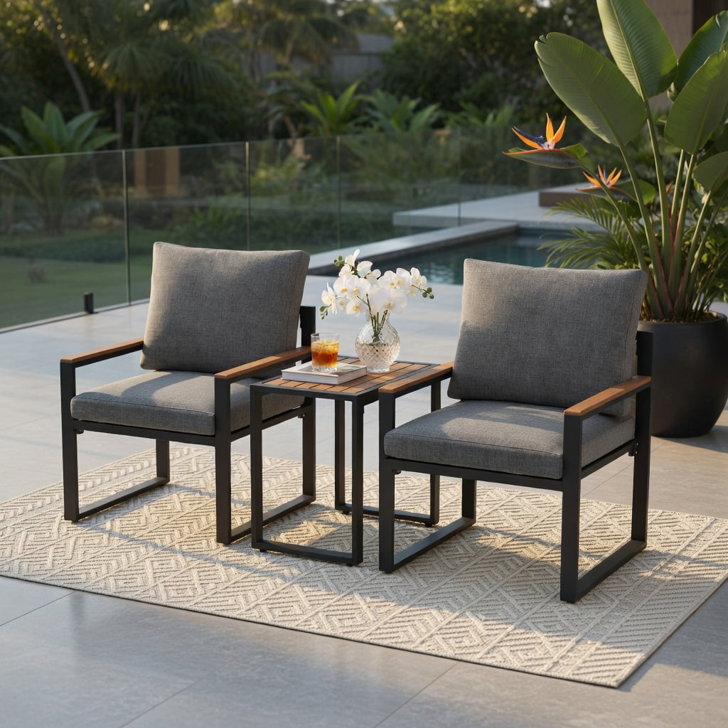 Hommoo 3-Piece Aluminum Outdoor Conversation Set, Weather-Resistant Patio Seating with Thick Olefin Cushions, WPC Coffee Table, Adjustable Feet for Deck, Porch & Poolside, Gray