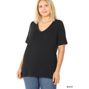 Zenana Women & Plus Relaxed Fit V-Neck Short Sleeve Basic Jersey T-Shirt Tops