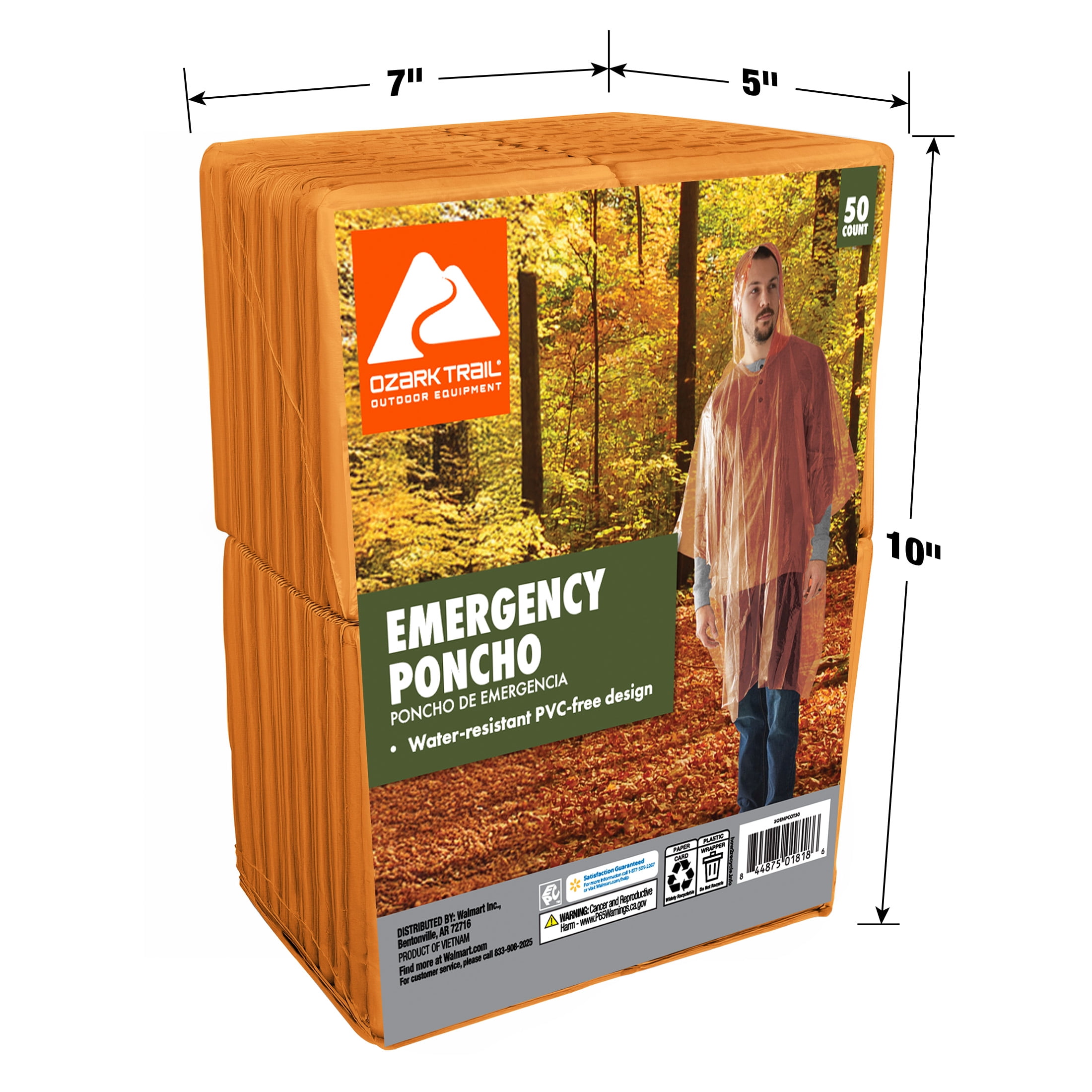 Ozark Trail Orange Emergency Poncho - 50 pack