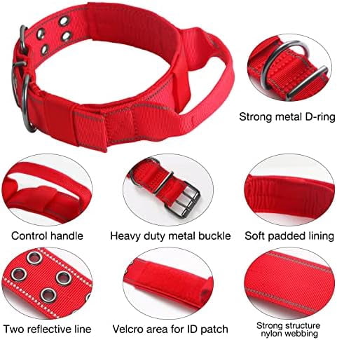 Reflective Dog Collar Heavy Duty Tactical with Control Handle and Metal Buckle for Dog Training(Medium, Red)