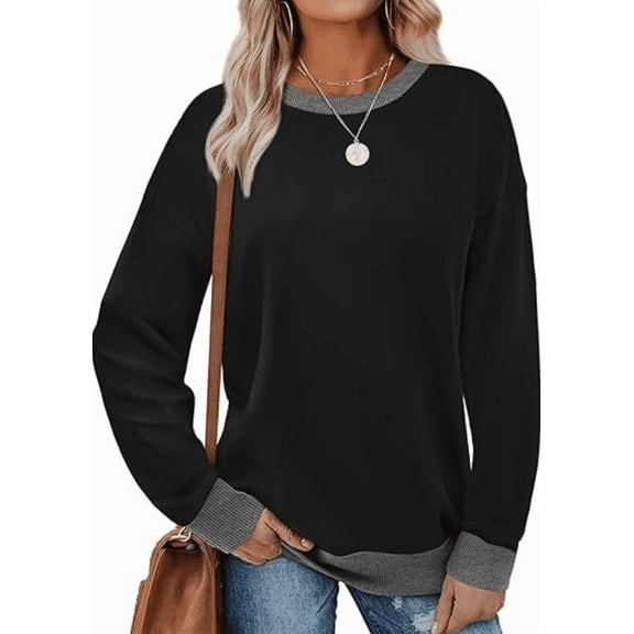 SOMER Long Sleeve Shirts for Women, Trendy Crew Neck Sweatshirt for Women, Cotton Cute Basic Tees for Women, Color Block Casual Womens Fall Tops Soft Comfy