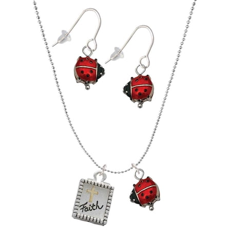 Delight Jewelry Two-tone Shadow Box Faith with Cross Red Lucky Ladybug Necklace and Dangle Earrings Set