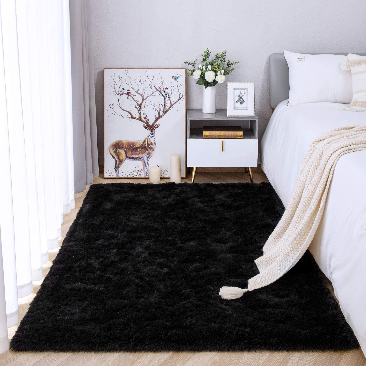 Lochas Ultra Soft Indoor Modern Area Rugs Fluffy Living Room Carpets for Children Bedroom Home Decor Nursery Rug 4' x 5.3', Black