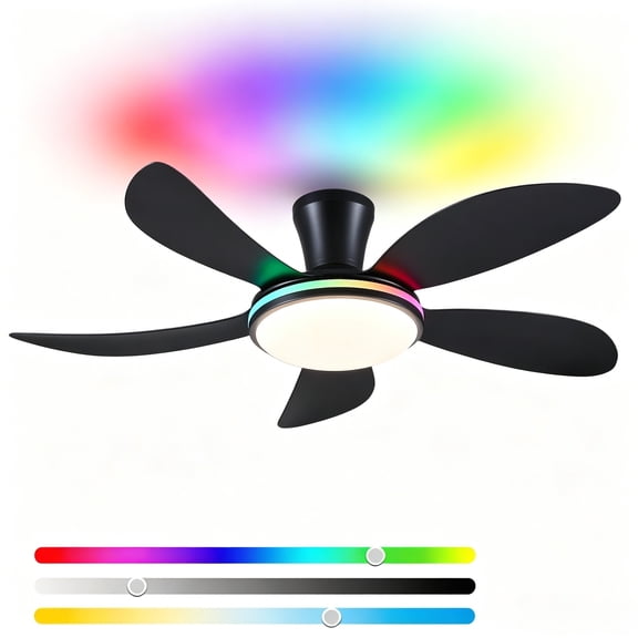PHORUS 48" Low Profile Ceiling Fan with Light and Remote, Dimmable 3-Color LED, 6-Speed Quiet Reversible DC Motor, APP Control, Energy-Efficient Indoor/Outdoor Ceiling Fan,Black RGB
