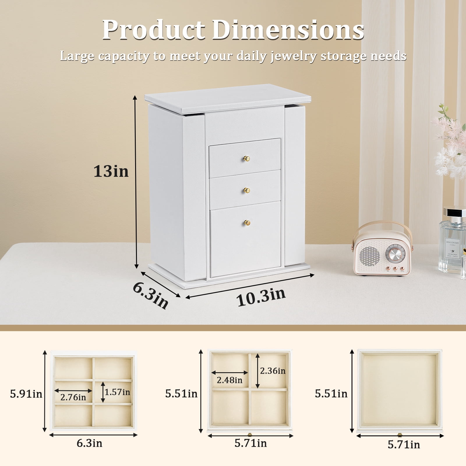 Sfugno Jewelry Box, 4 Layer Leather Jewelry Boxes for Women, Jewelry Organizer Box Display for Rings Earrings Necklaces Bracelets,White