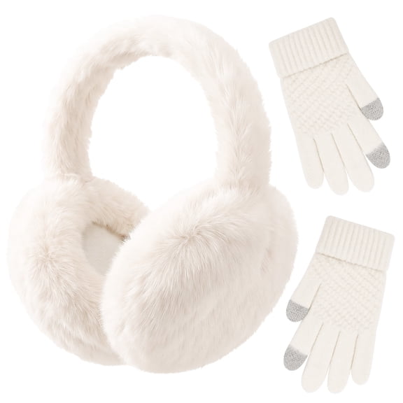 Bocaoying Winter Earmuffs Touchscreen Gloves Set for Women, Adjustable Soft Plush Furry Ear Warmers, Warm Knit Gloves for Skiing Cycling Running Cold Weather