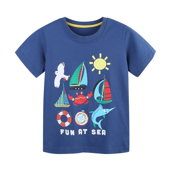 Lovskoo Kids Boys Girls Sea & Sailboat Printed Tops Short Sleeved Solid Round Neck Basic T Shirts Summer Sport Clothes 2 Years Navy
