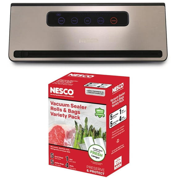 NESCO® VS-101S Automatic Vacuum Sealer & Rolls/Bags Variety Bundle, One-Touch Food Saver Kit for Freezer Storage & Sous Vide Cooking