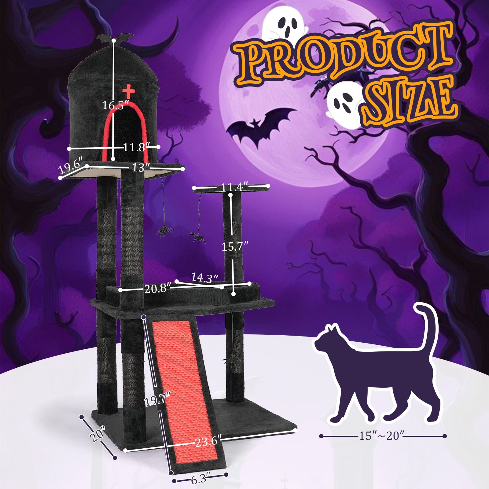 Ktaxon Large Halloween Cat Tree w/ Coffin Hideout & Scratcher, 2-Level for Large Cats, Black Red