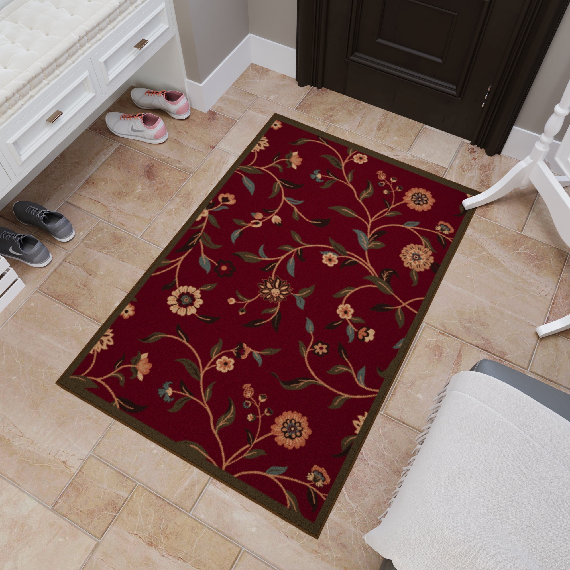 Ottomanson Non-Slip Accent Rug 2'7" x 3' – Low Pile Entryway Bedroom Small Rug, Floral Red