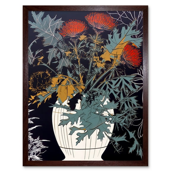 Abstract Thistle Vase Dark Linocut Floral Red Green Ochre Scottish Plant Art Print Framed Poster Wall Decor 12x16 inch