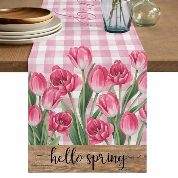 Table Runner 108 Inches Long for Kitchen Dining, Hello Spring Dresser Scarf Farmhouse, Dining Table Decorations for Wedding/Parties, Pink Tulip Flowers Farmhouse Buffalo Plaid Wooden 13 x 108 In